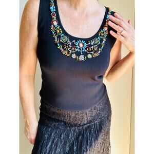 Y2K Beaded Tank Top KNit Size MPetite Black Festival Boho Hippie Western Wear
